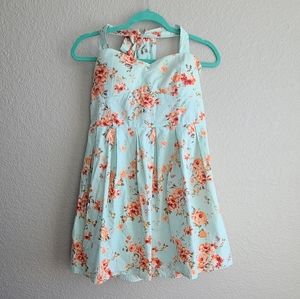 Cute mini sundress w/straps, blue/peach floral design No Bounderie, junior 11/13